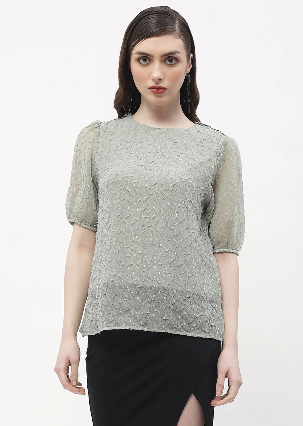 Madame Puff Sleeve Green Crinkled Fabric Top - Image 3