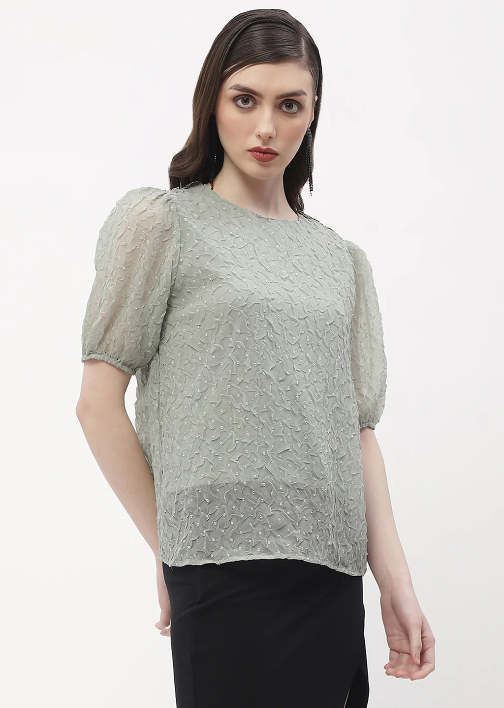 Madame Puff Sleeve Green Crinkled Fabric Top - Image 4
