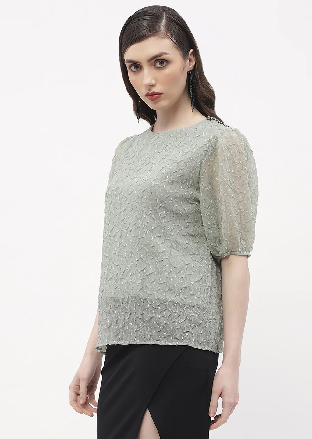 Madame Puff Sleeve Green Crinkled Fabric Top - Image 5