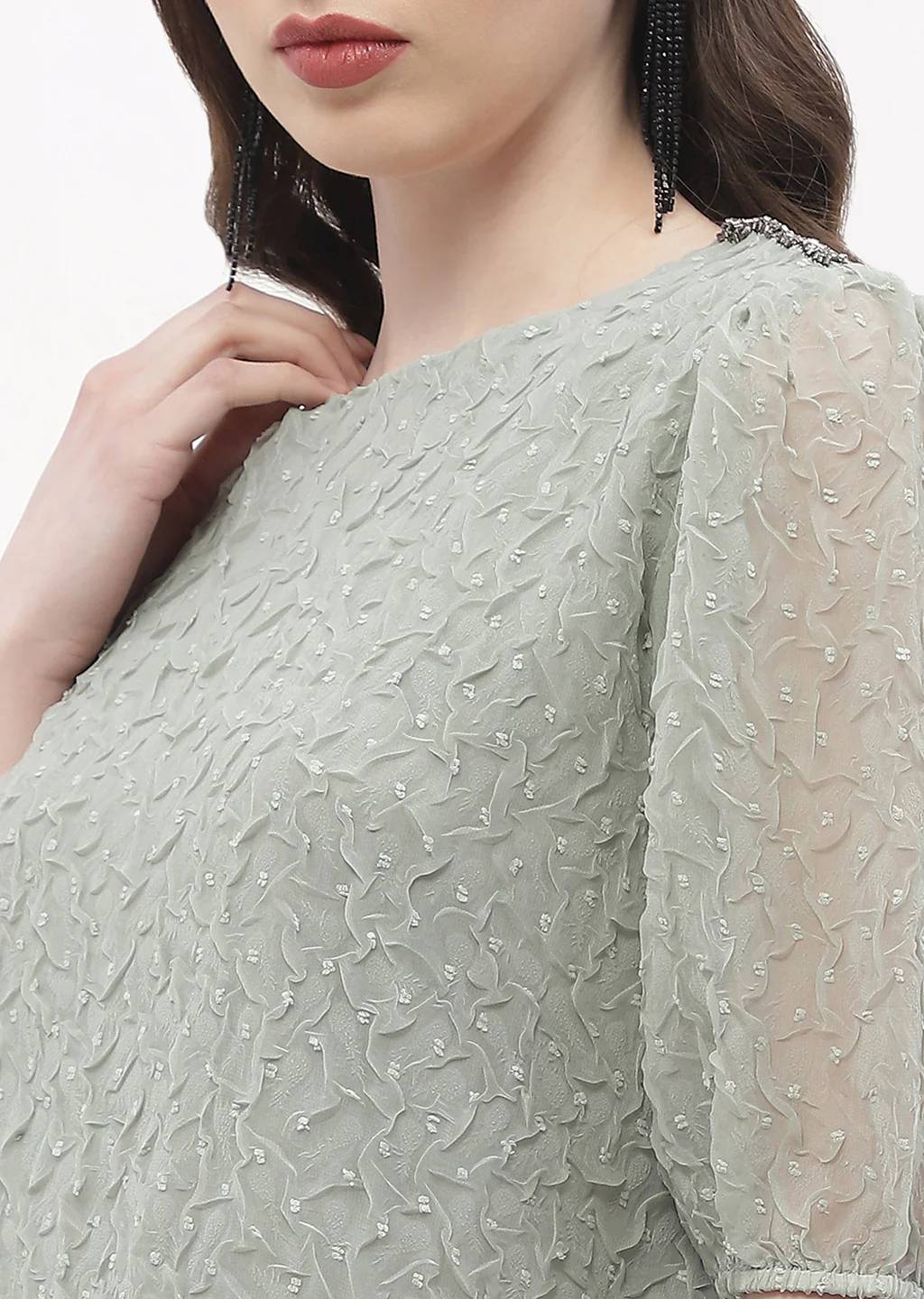 Madame Puff Sleeve Green Crinkled Fabric Top - Image 7