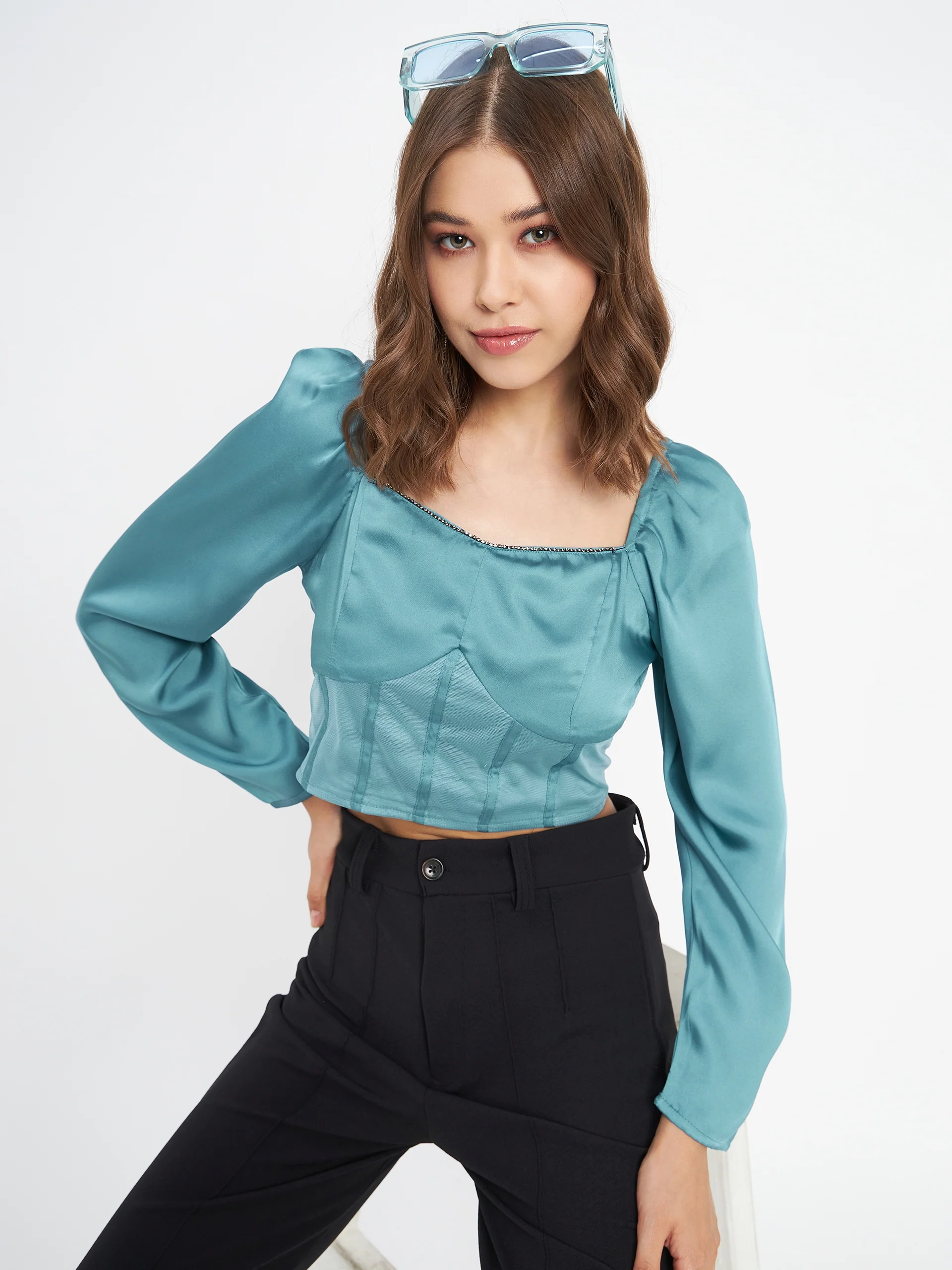 Madame Embellished Detail Corset Style Blue Top