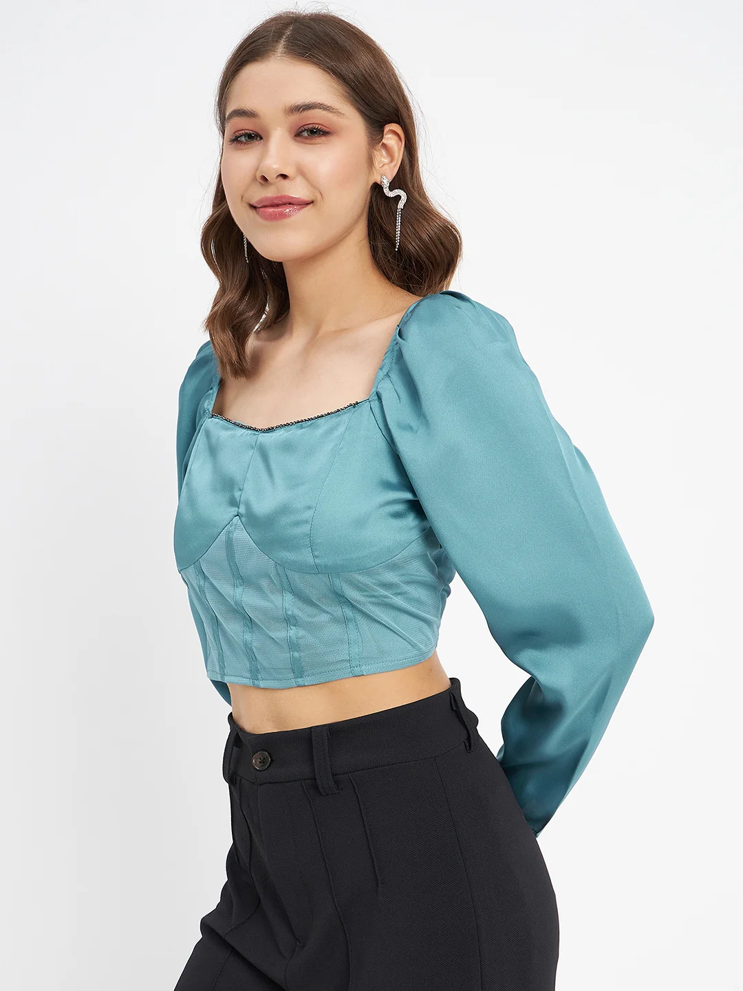 Madame Embellished Detail Corset Style Blue Top - Image 5