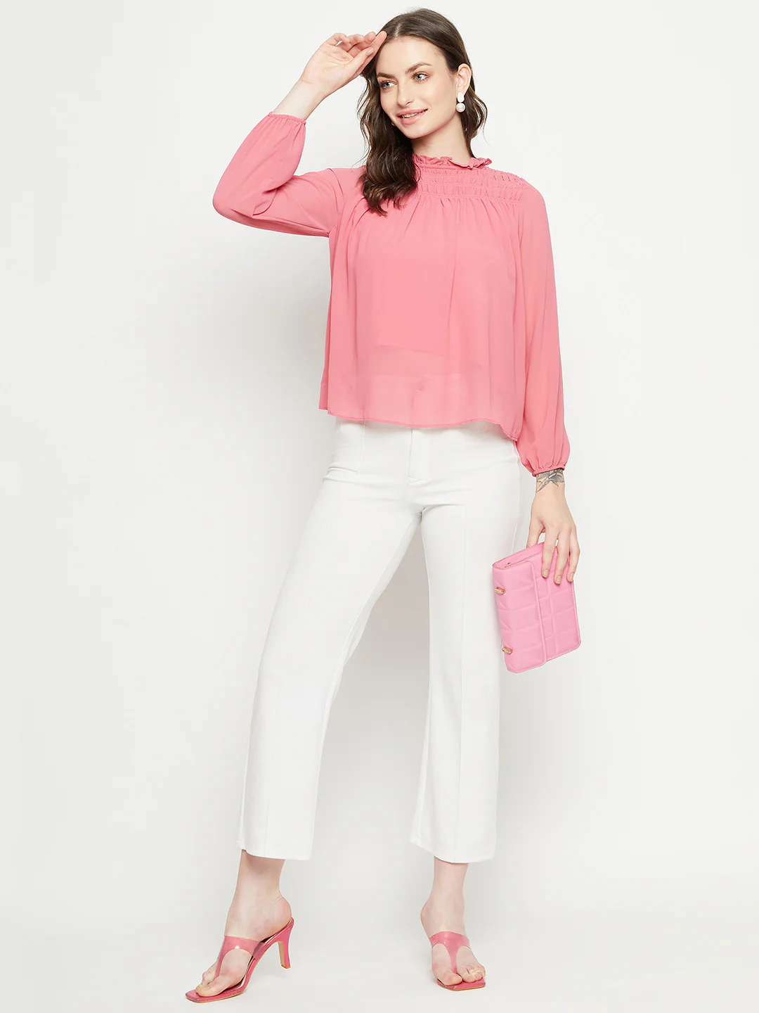 Madame Smocked Frill Neck Hot Pink Top - Image 2