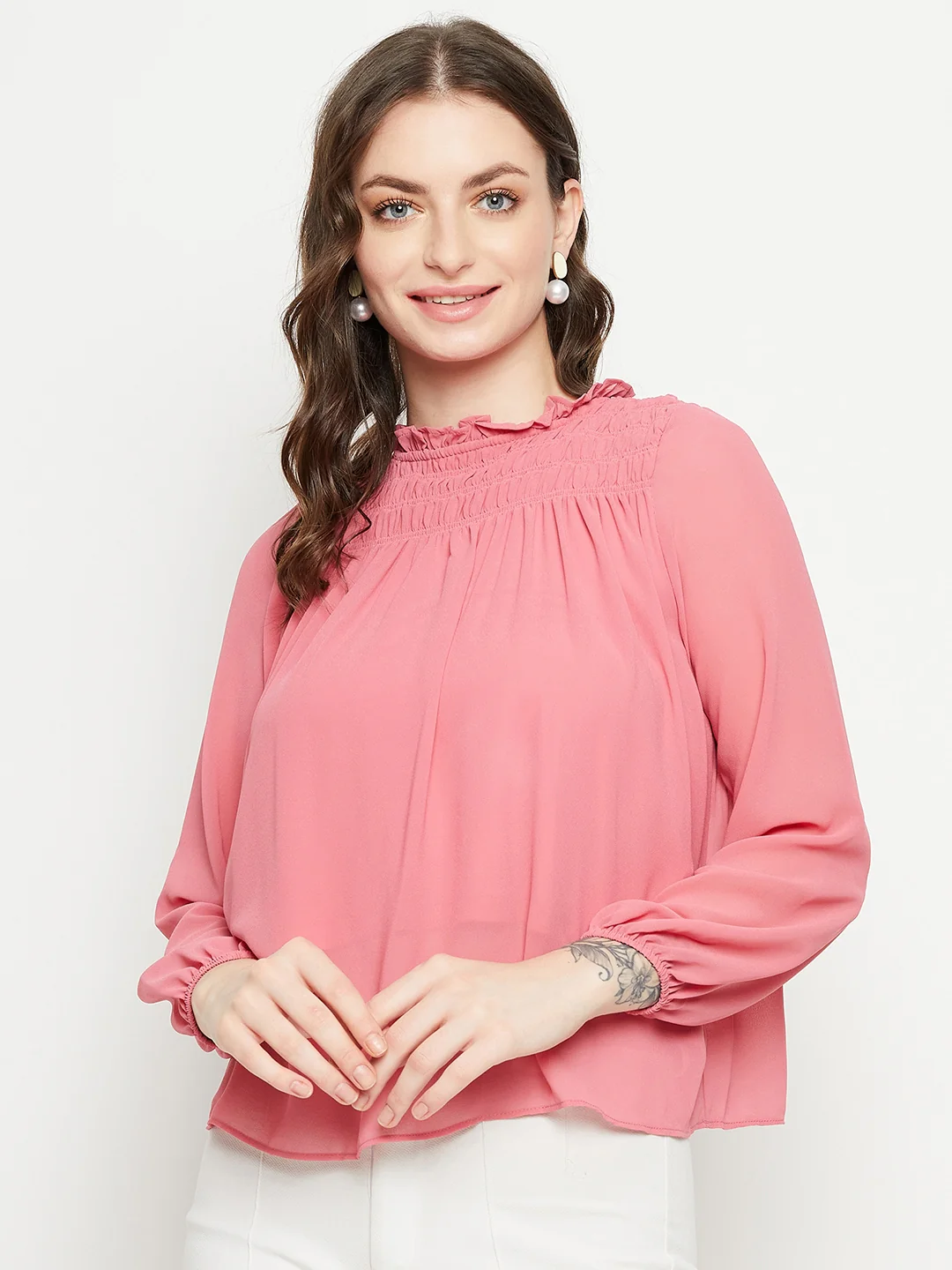 Madame Smocked Frill Neck Hot Pink Top - Image 3