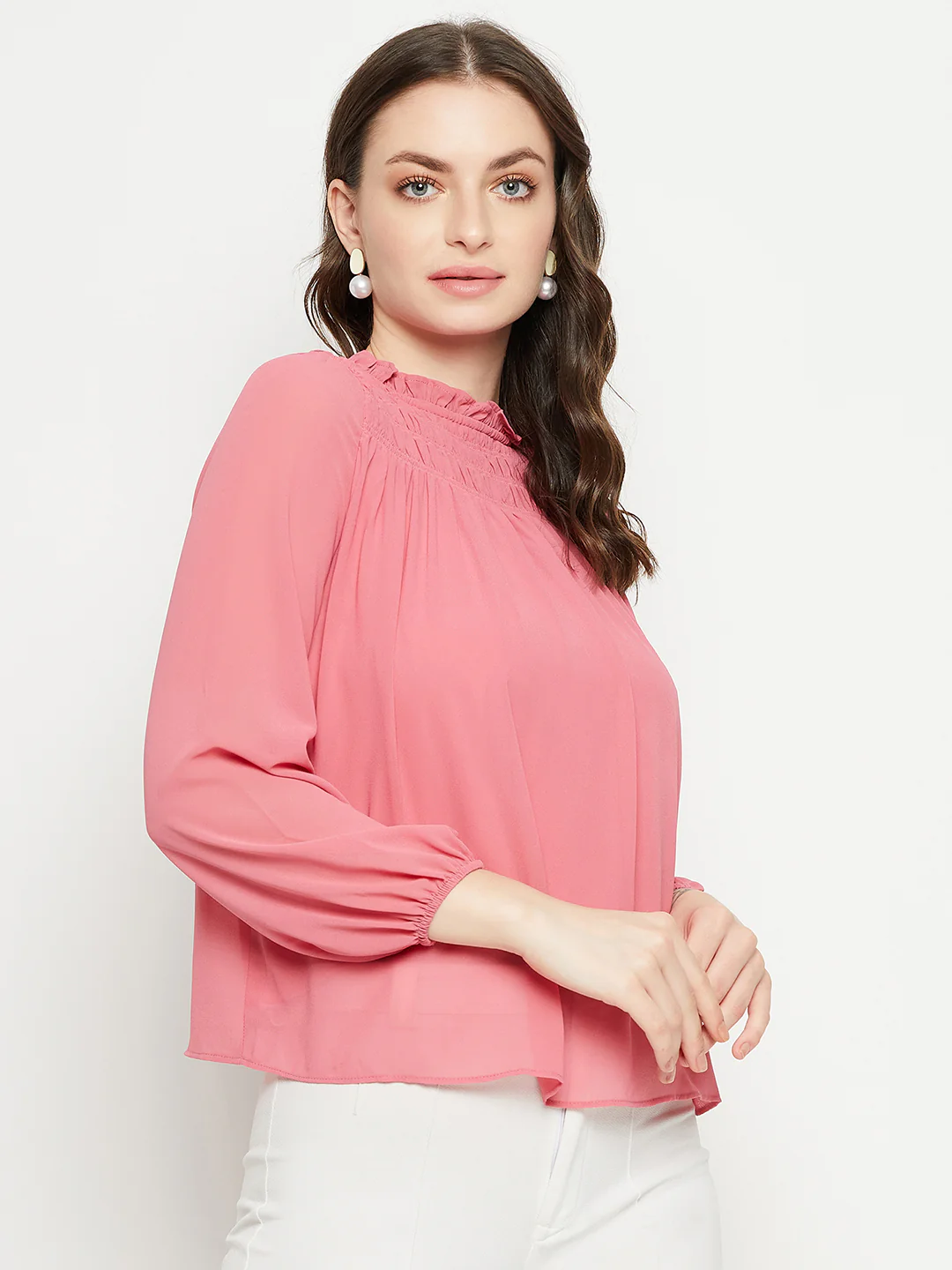 Madame Smocked Frill Neck Hot Pink Top - Image 4