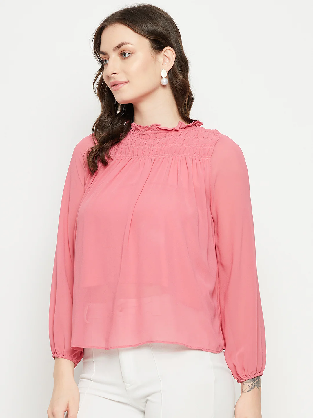 Madame Smocked Frill Neck Hot Pink Top - Image 5