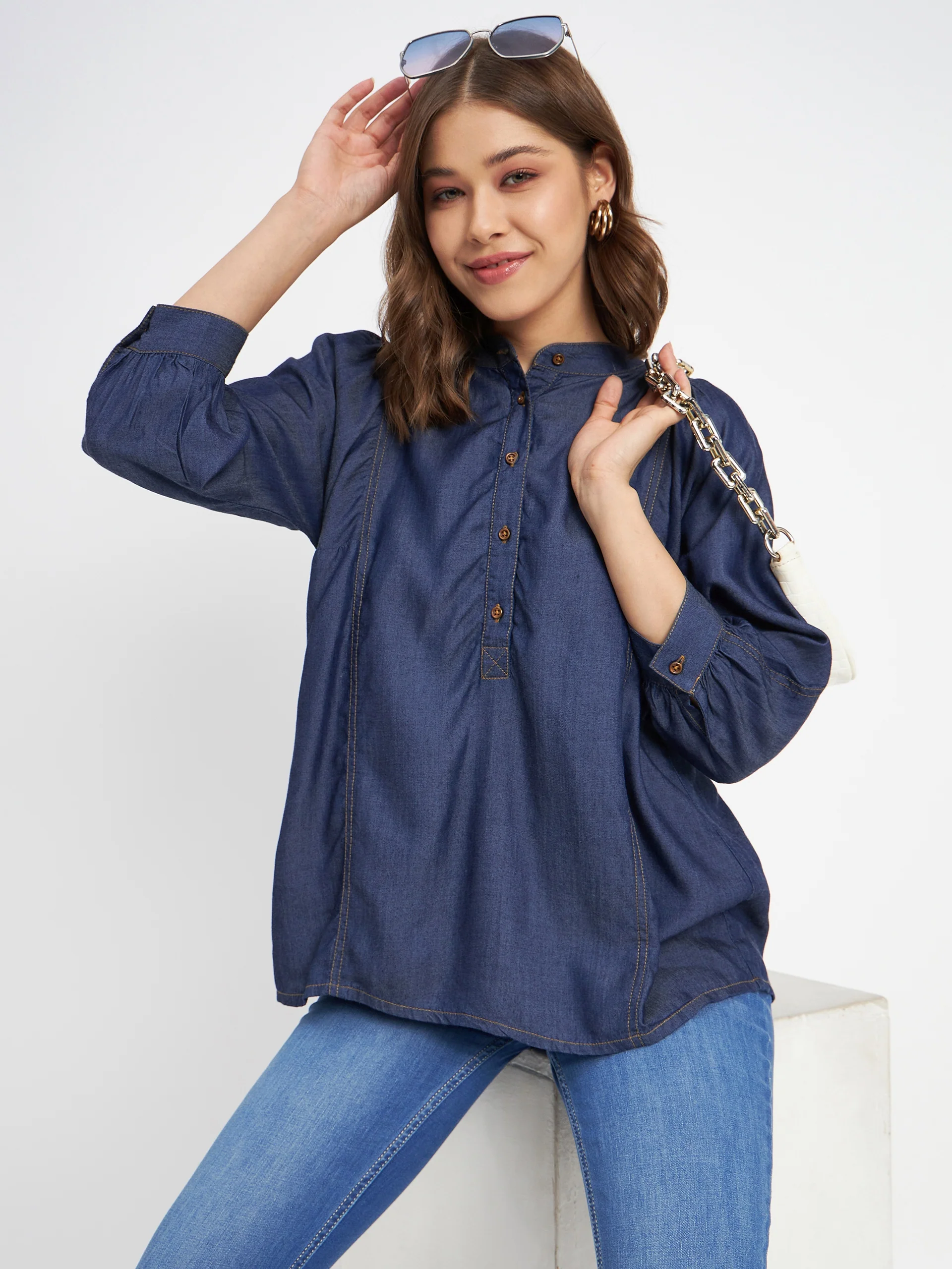 Madame Button-Down Front Solid Dark Navy Cotton Top