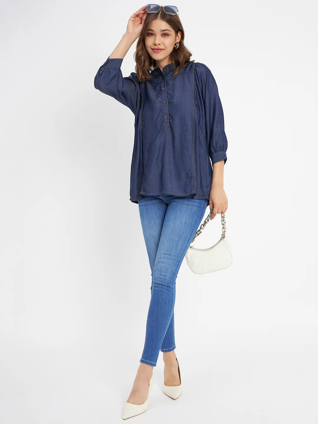 Madame Button-Down Front Solid Dark Navy Cotton Top - Image 2
