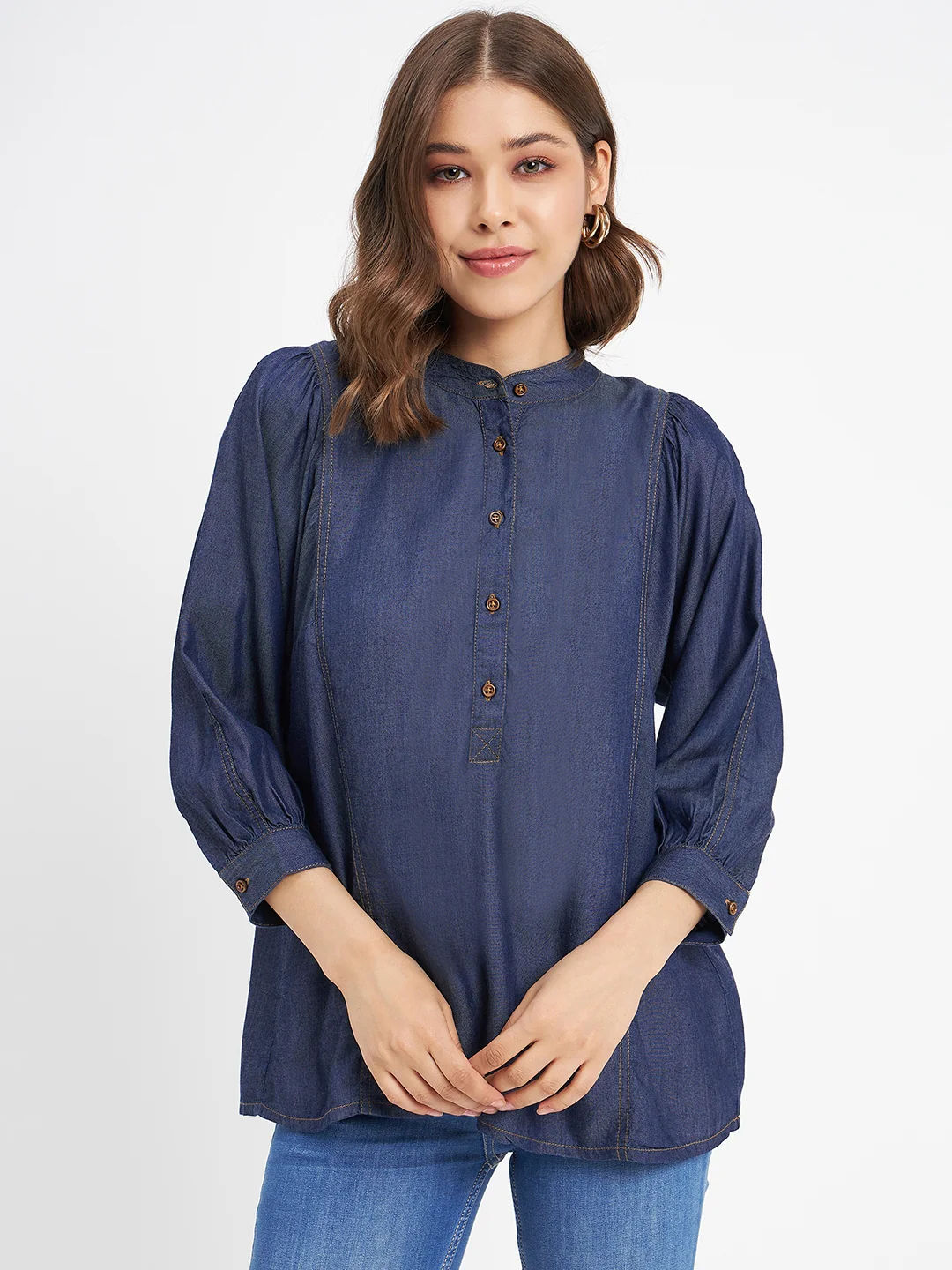 Madame Button-Down Front Solid Dark Navy Cotton Top - Image 3