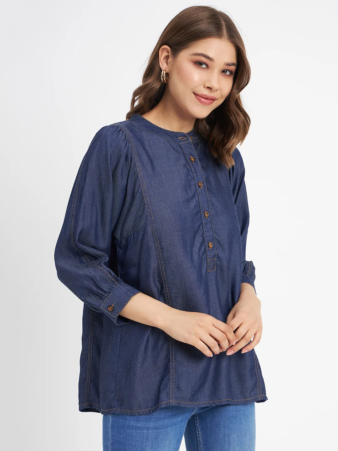 Madame Button-Down Front Solid Dark Navy Cotton Top - Image 4