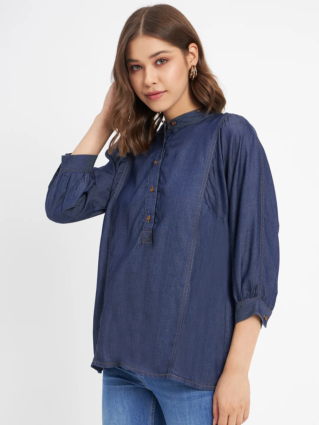 Madame Button-Down Front Solid Dark Navy Cotton Top - Image 5