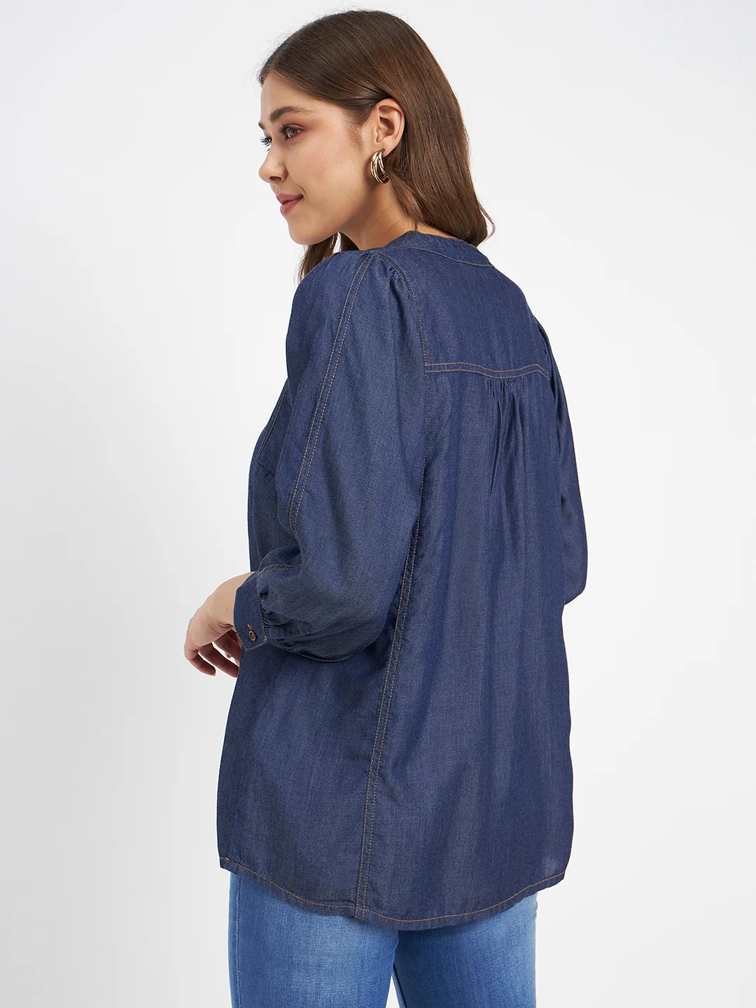 Madame Button-Down Front Solid Dark Navy Cotton Top - Image 6