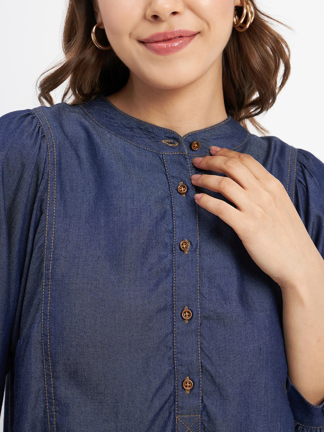 Madame Button-Down Front Solid Dark Navy Cotton Top - Image 7