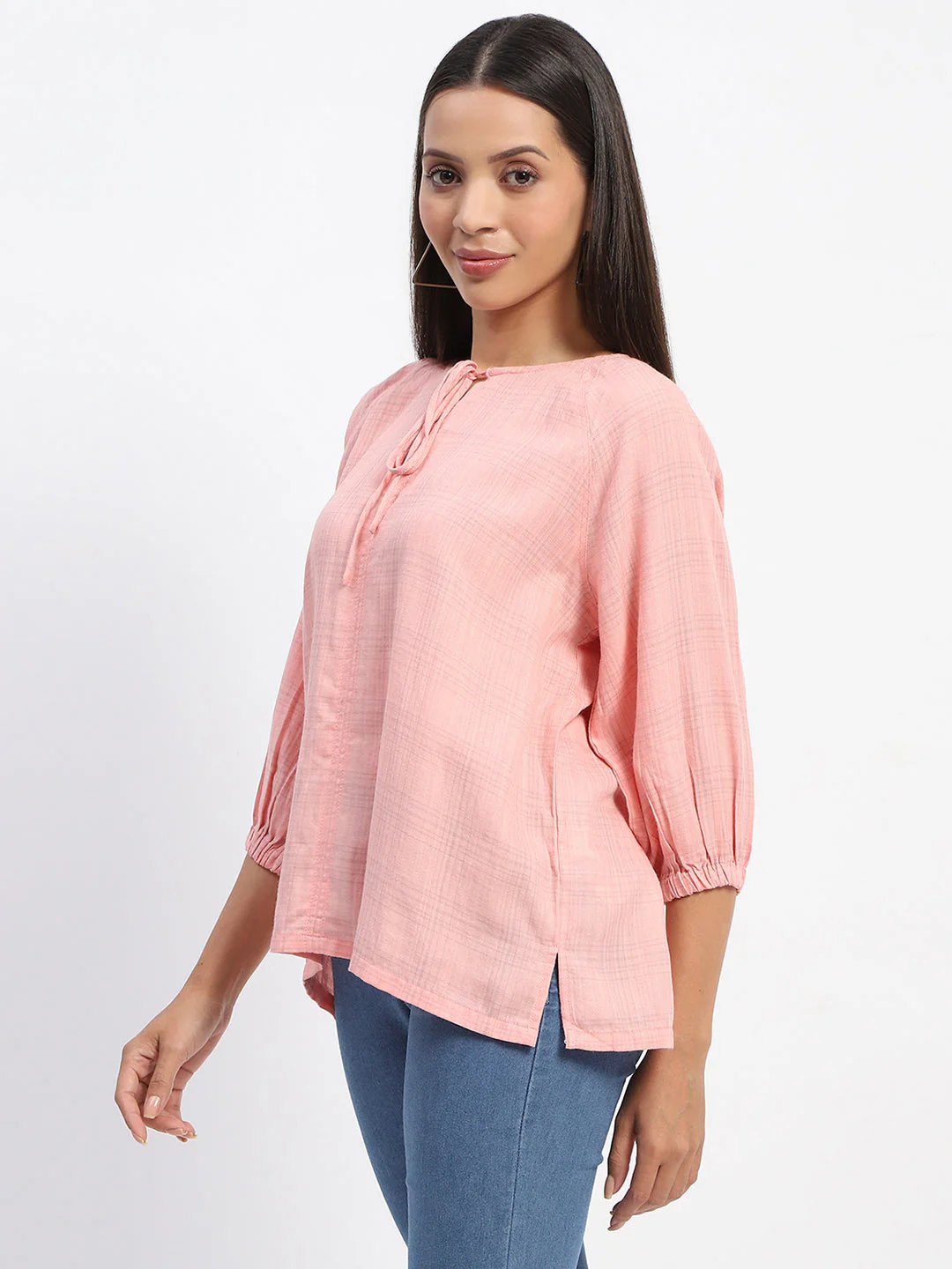 Madame Pink Chequered Tie Knot Top - Image 4