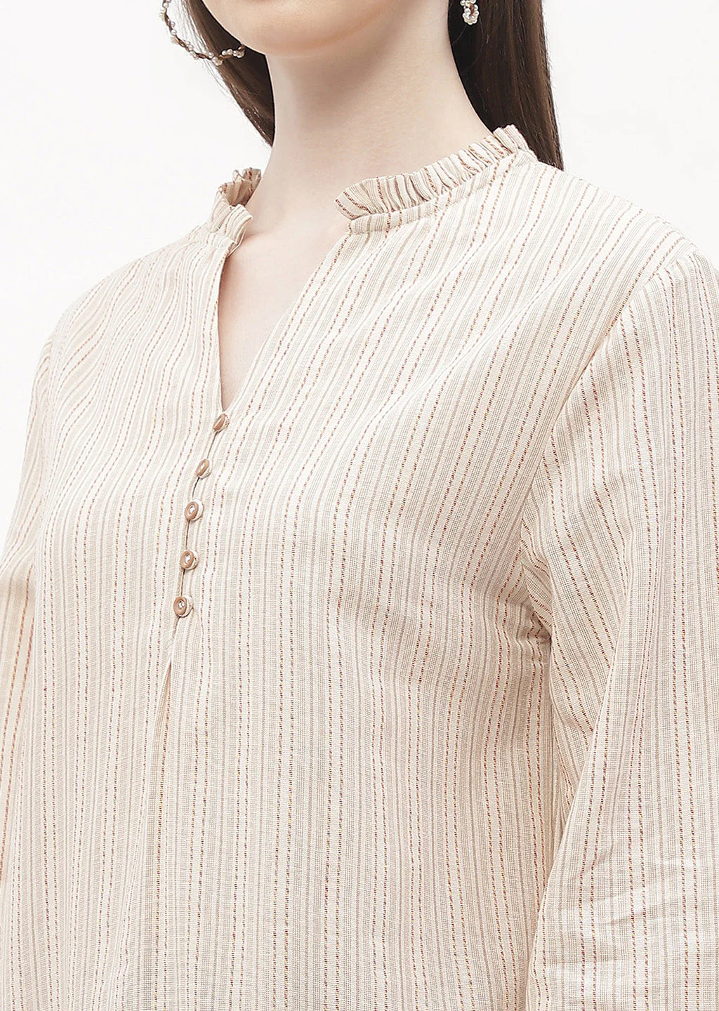 Madame Ruffle Mandarin Collar Beige Striped Top - Image 2