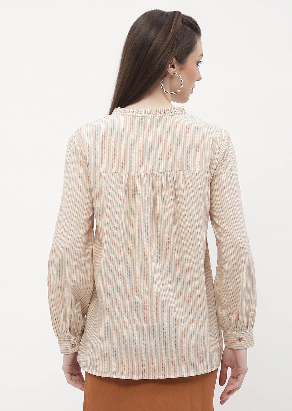 Madame Ruffle Mandarin Collar Beige Striped Top - Image 3