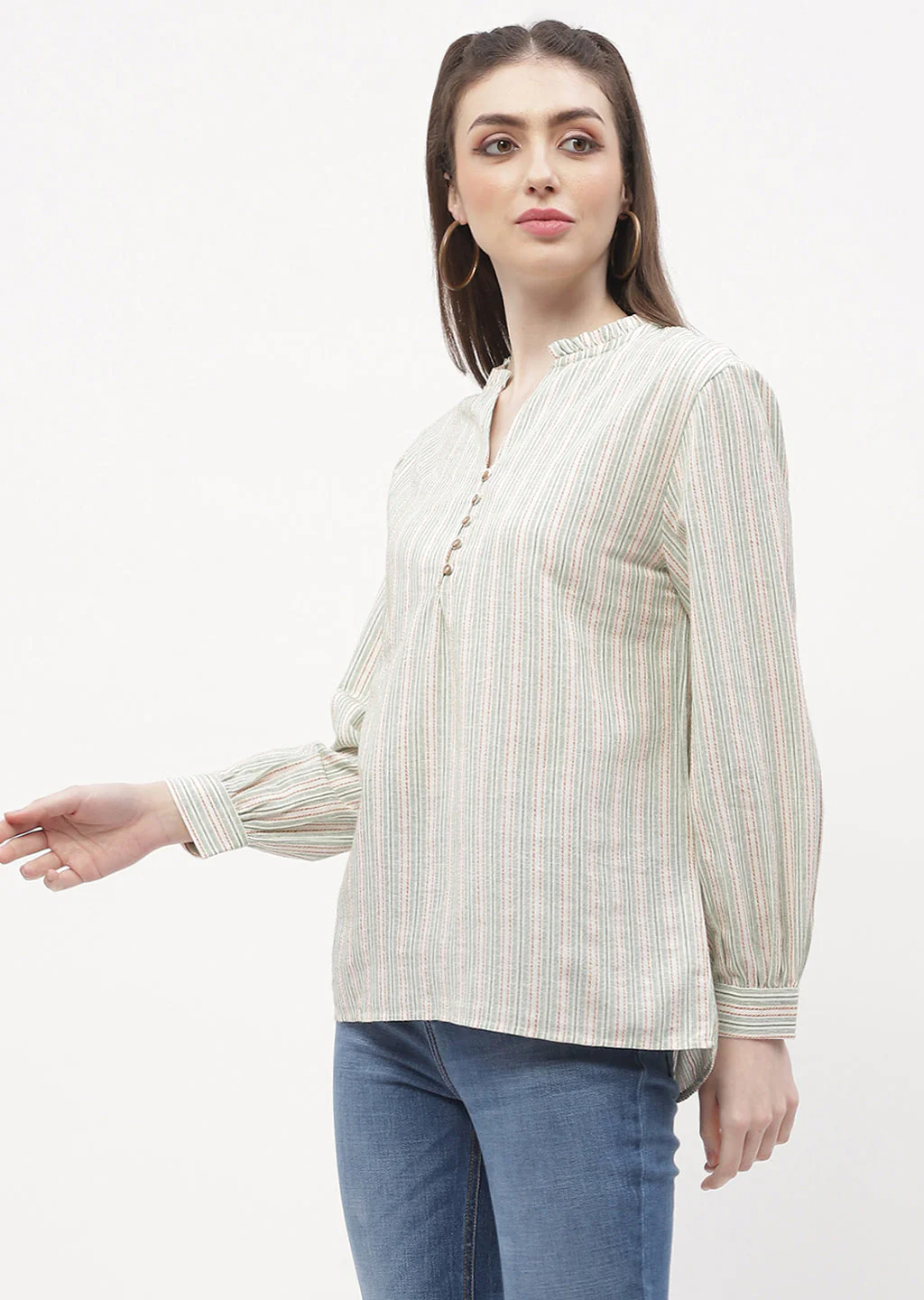 Madame Ruffle Mandarin Collar Green Striped Top - Image 4