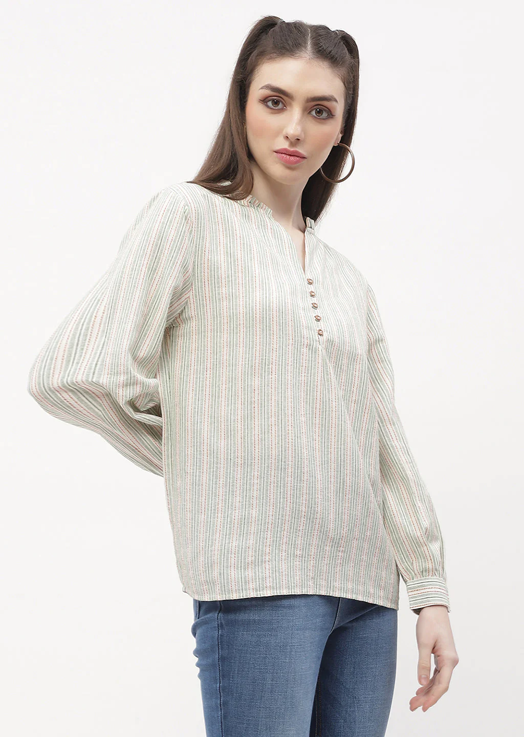 Madame Ruffle Mandarin Collar Green Striped Top - Image 5
