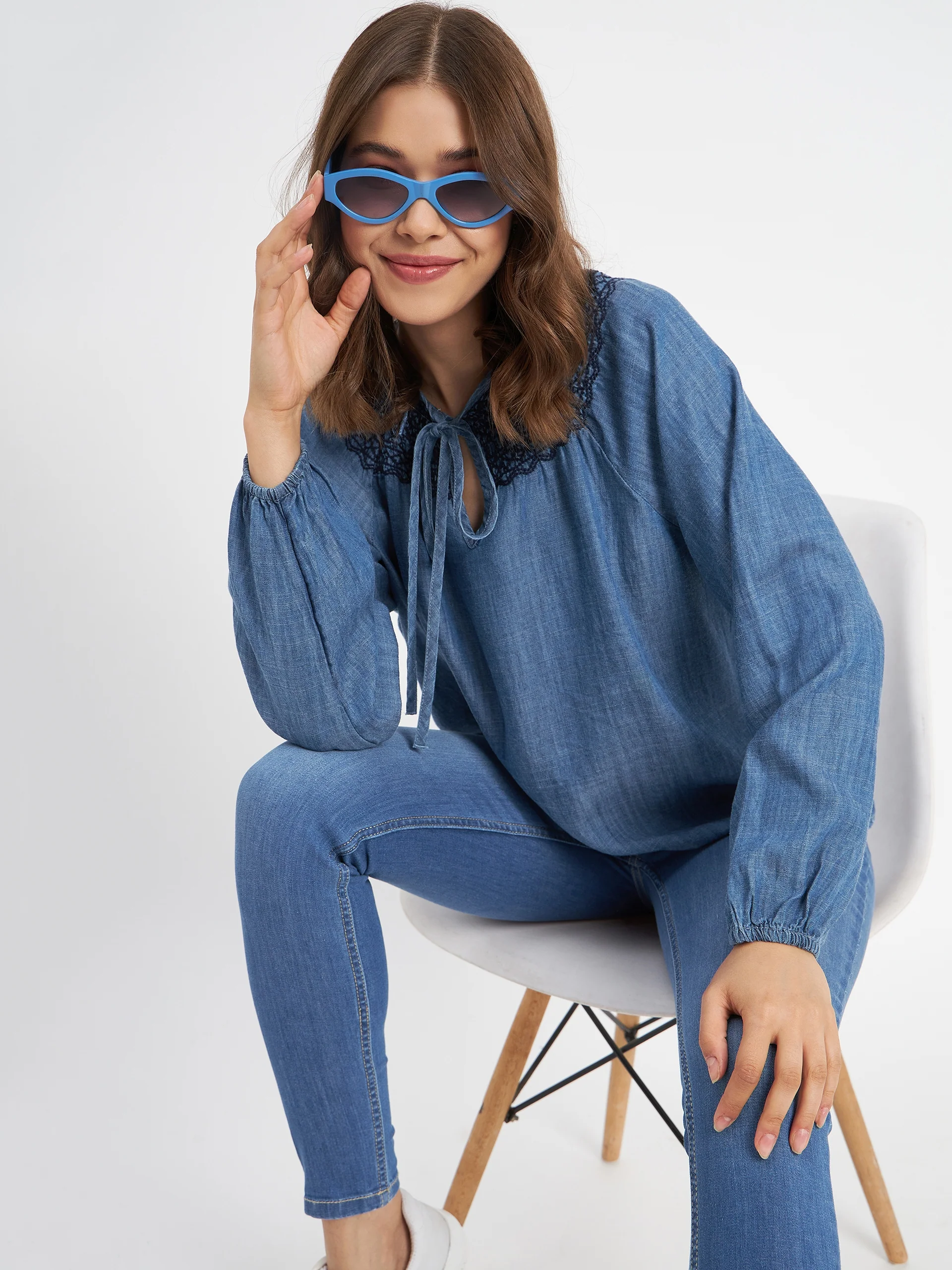 Madame Embroidered Collar Tie Neck Blue Cotton Top