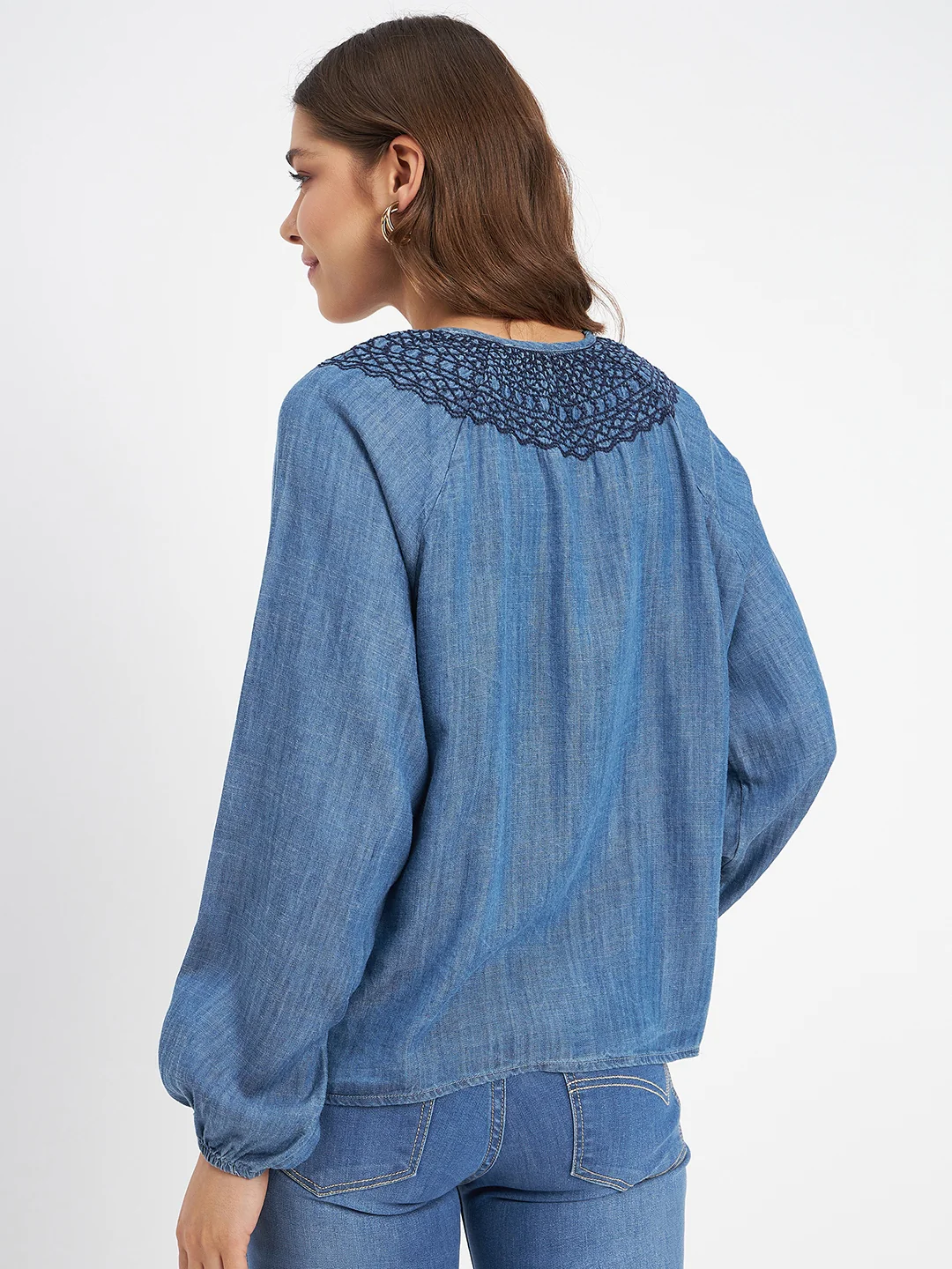 Madame Embroidered Collar Tie Neck Blue Cotton Top - Image 6