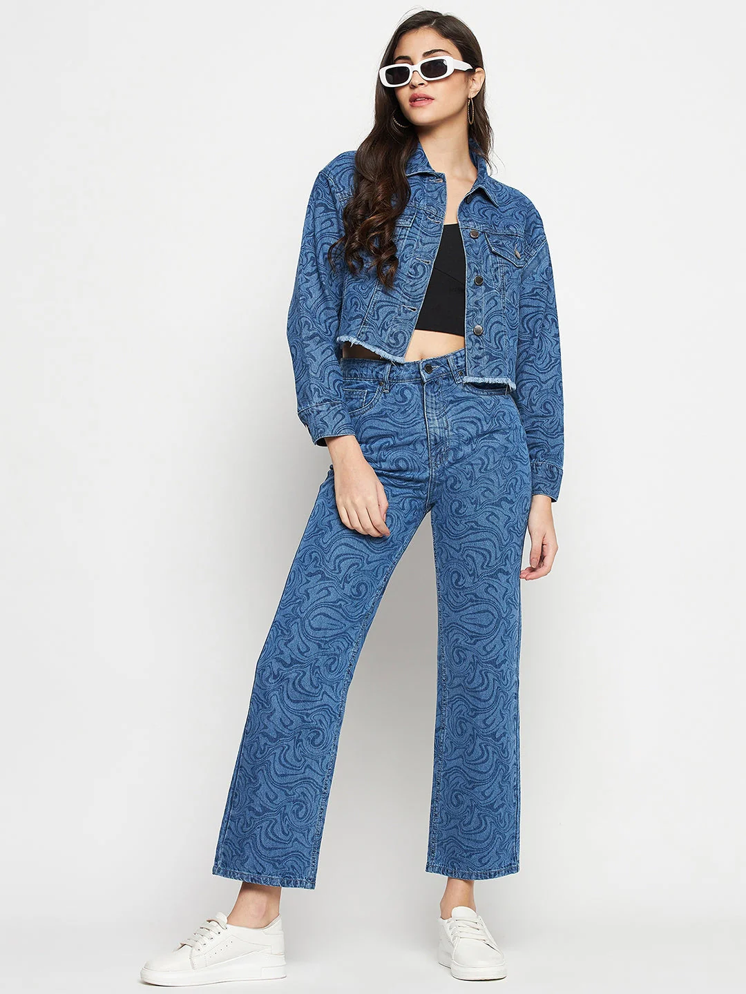 Madame Blue Printed Denim Crop Jacket - Image 3