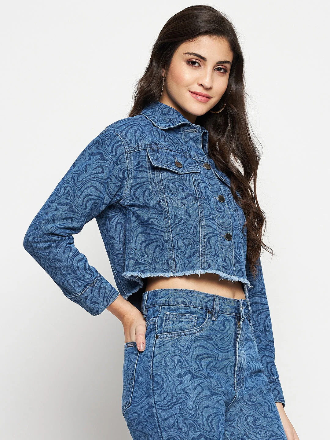 Madame Blue Printed Denim Crop Jacket - Image 5