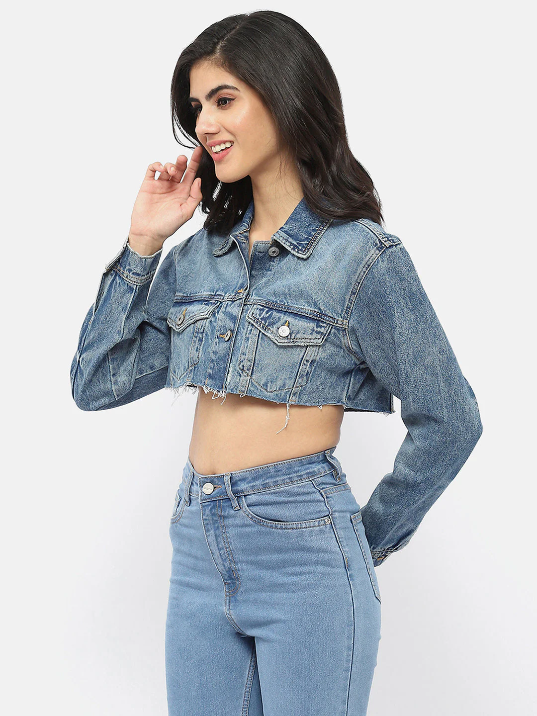 Madame Distressed Hem Blue Crop Denim Jacket - Image 4