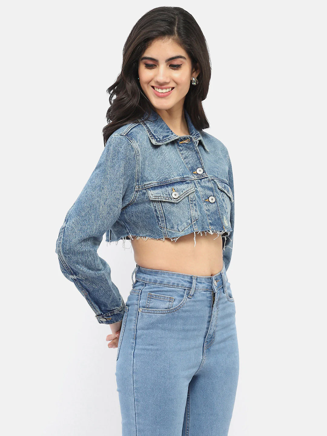Madame Distressed Hem Blue Crop Denim Jacket - Image 5