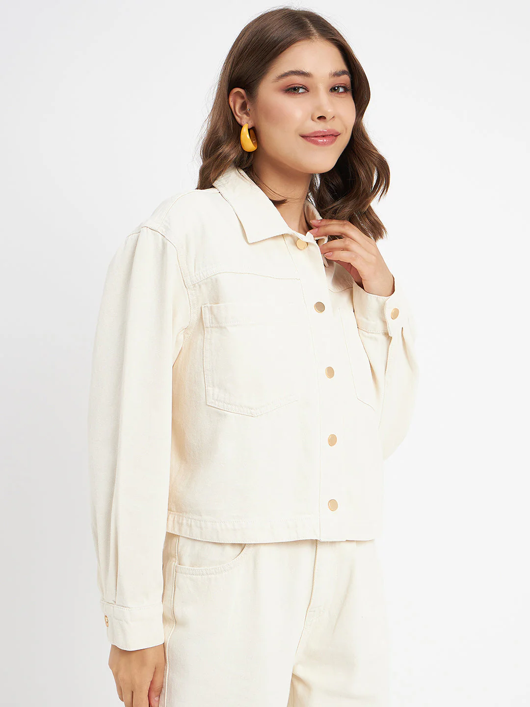 Madame Solid Off-White Denim Jacket - Image 4
