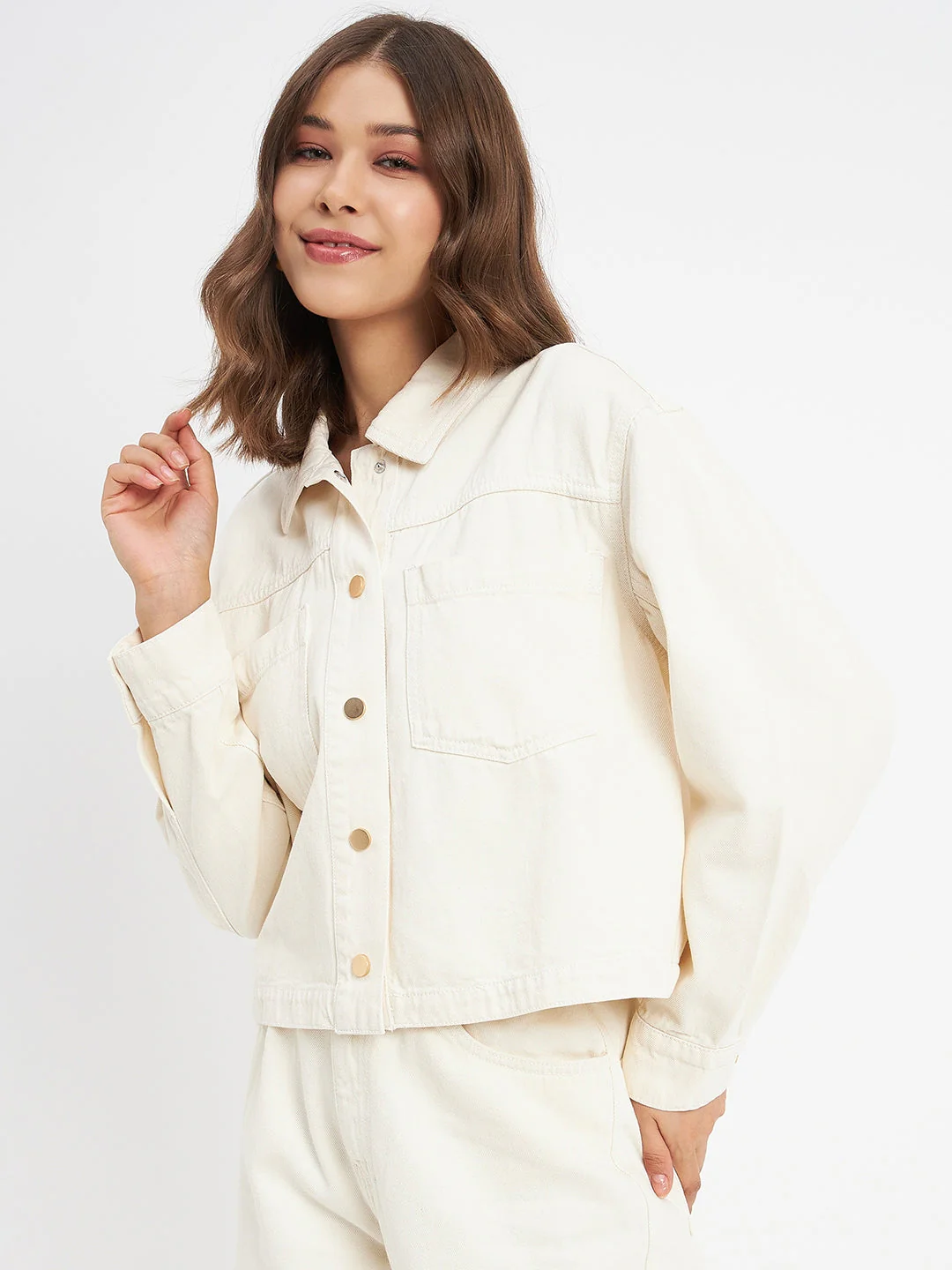 Madame Solid Off-White Denim Jacket - Image 5