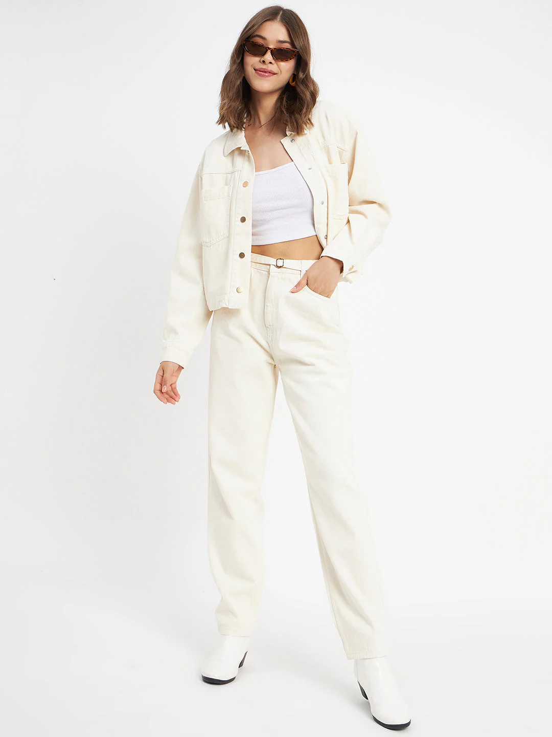 Madame Solid Off-White Denim Jacket - Image 6