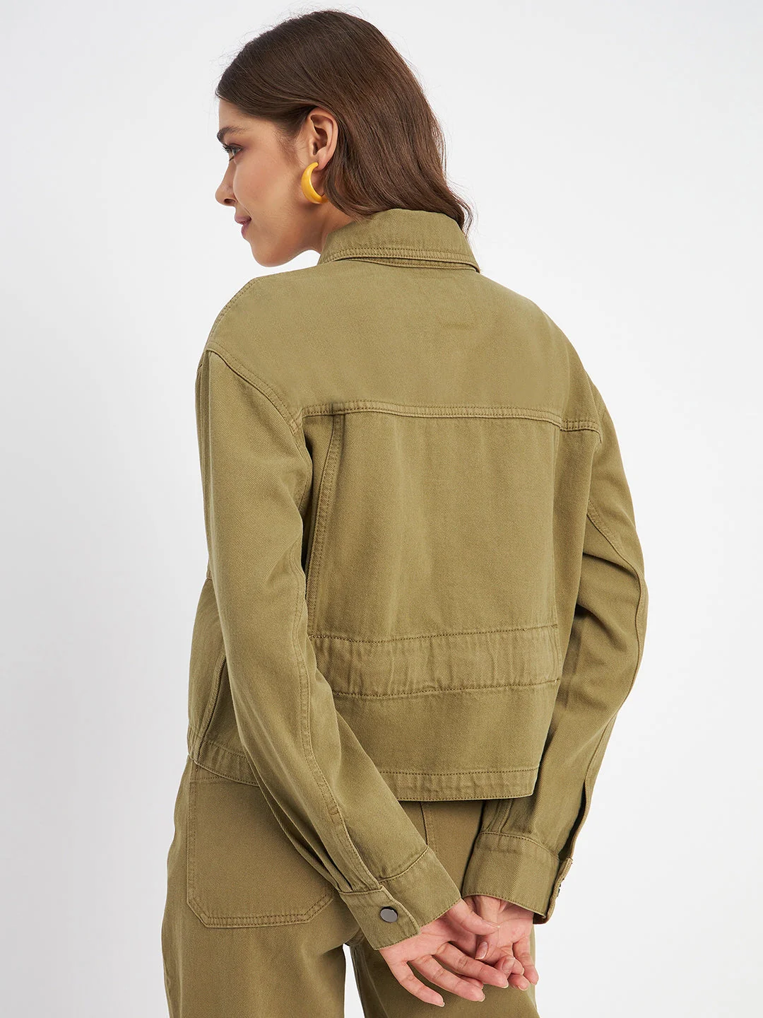 Madame Solid Olive Green Denim Jacket - Image 3