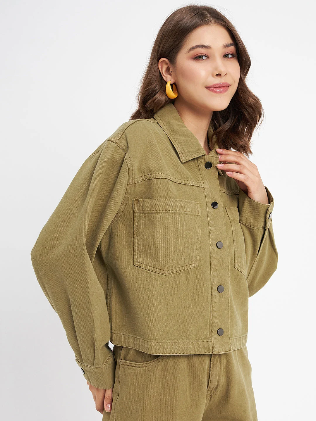 Madame Solid Olive Green Denim Jacket - Image 4
