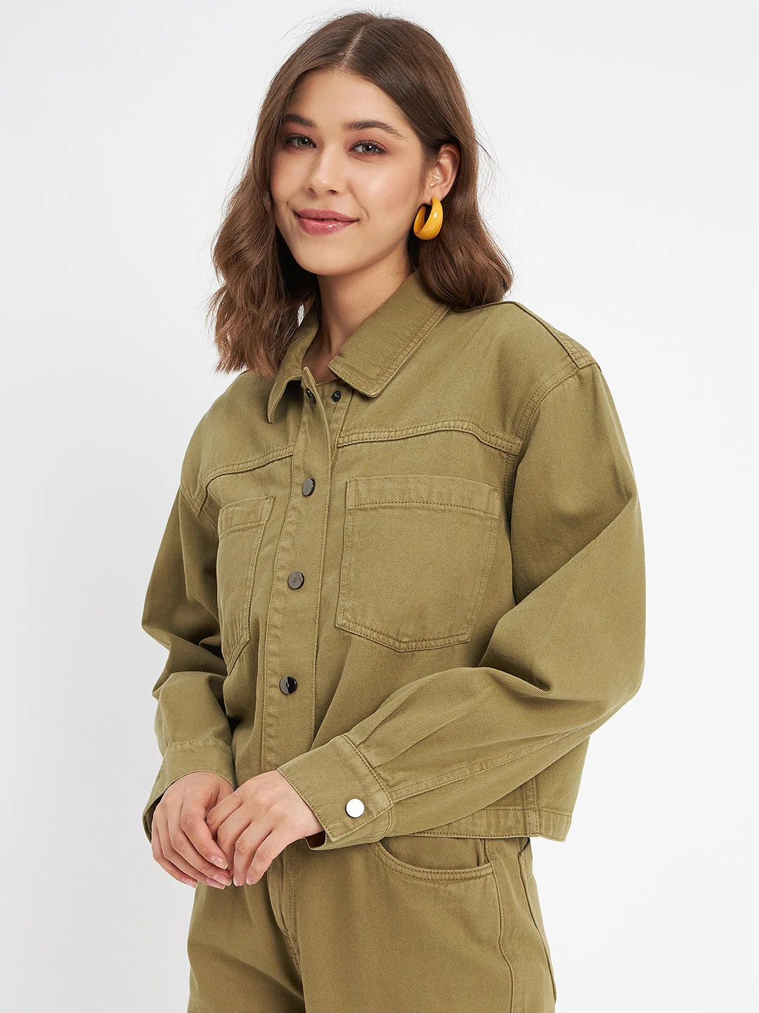 Madame Solid Olive Green Denim Jacket - Image 5