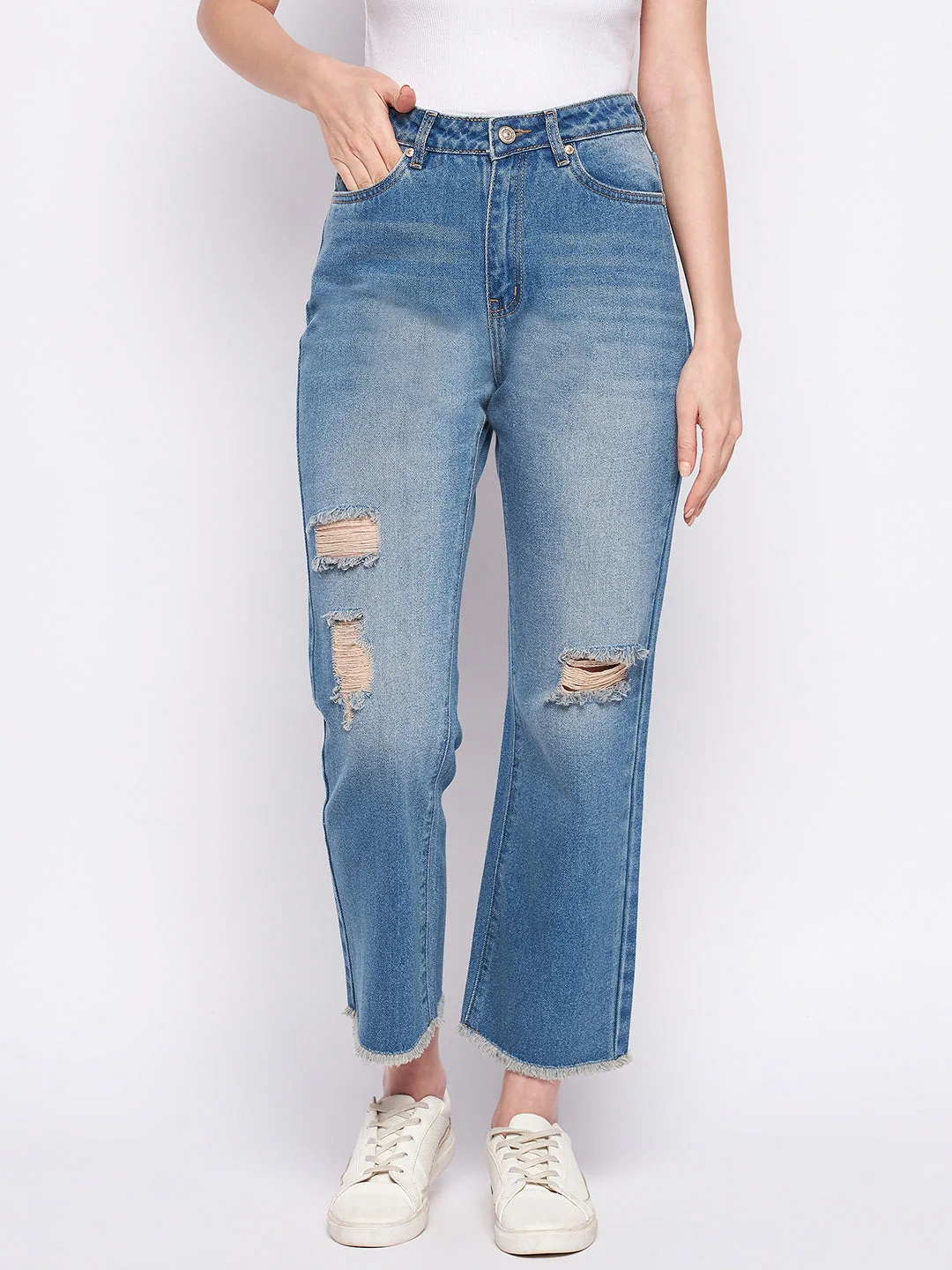 Madame Ripped Mi-Rise Double Wash Flared Jeans