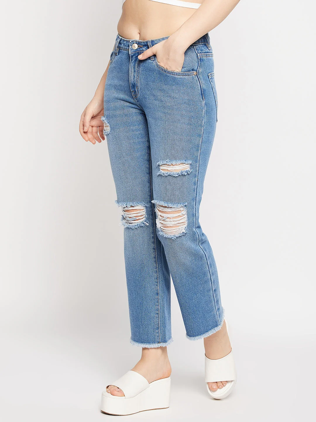 Madame Ripped Mid-Rise Double Wash Cropped Straight Fit Jeans - Image 3