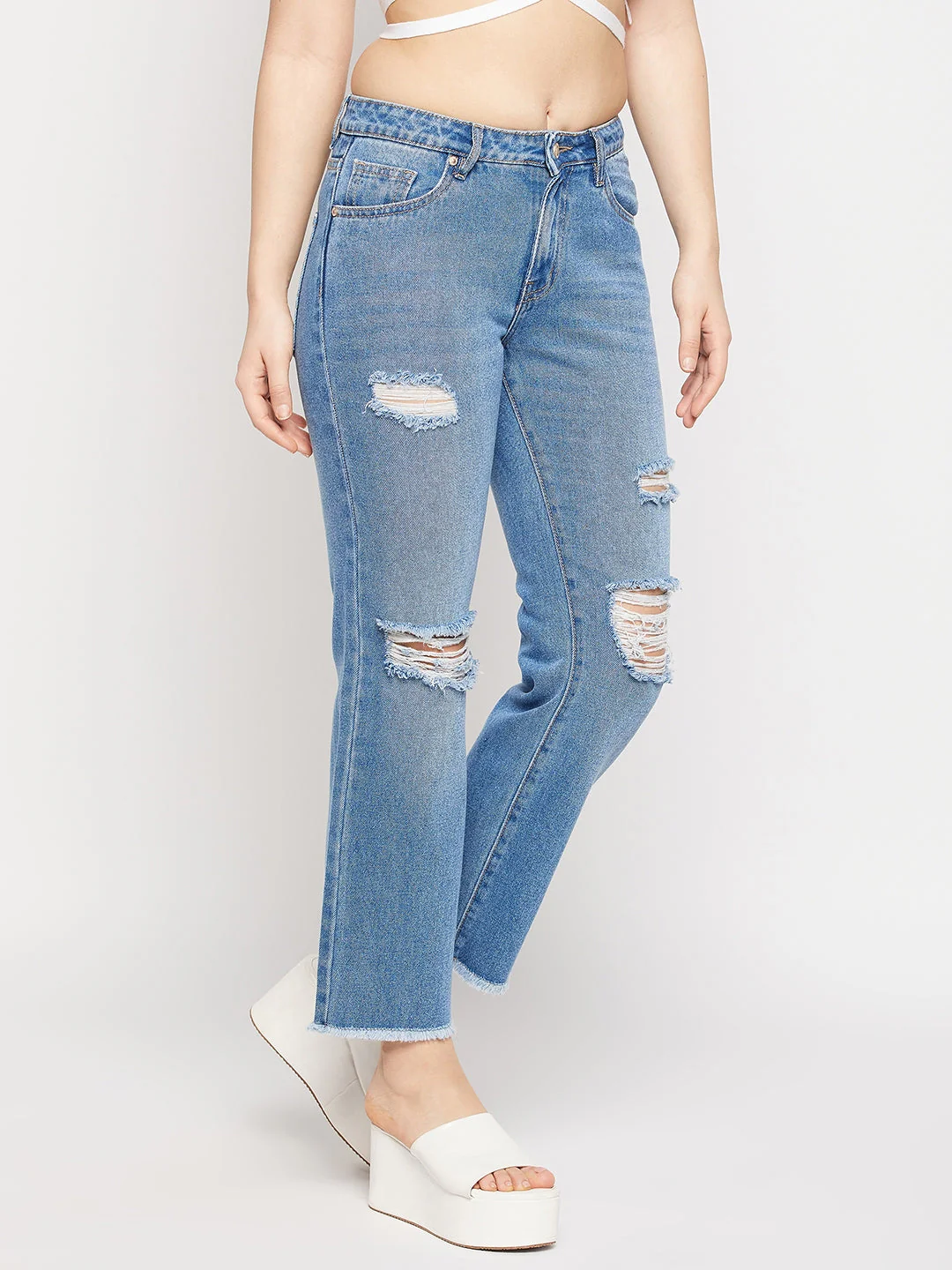 Madame Ripped Mid-Rise Double Wash Cropped Straight Fit Jeans - Image 4