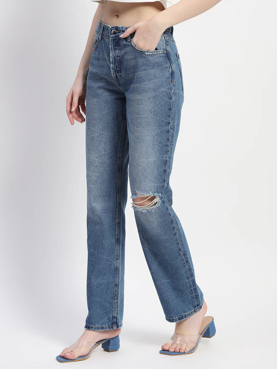 Madame Crushed Ripped Blue Straight Denim - Image 4