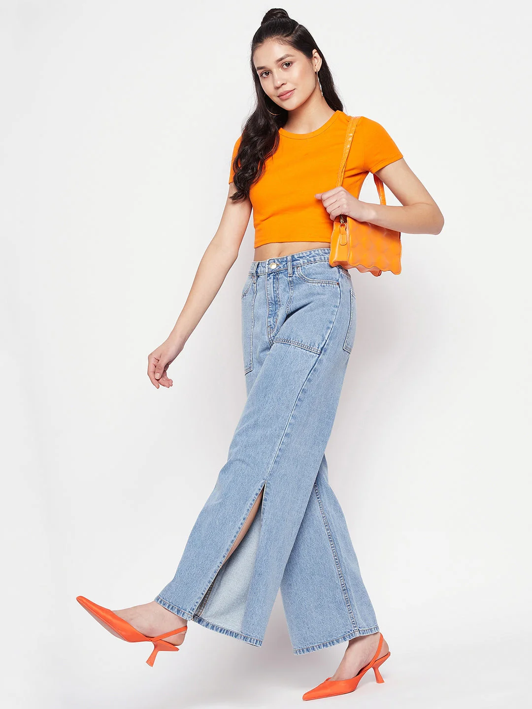 Madame Light Blue Slit Wide Leg Denim Jeans