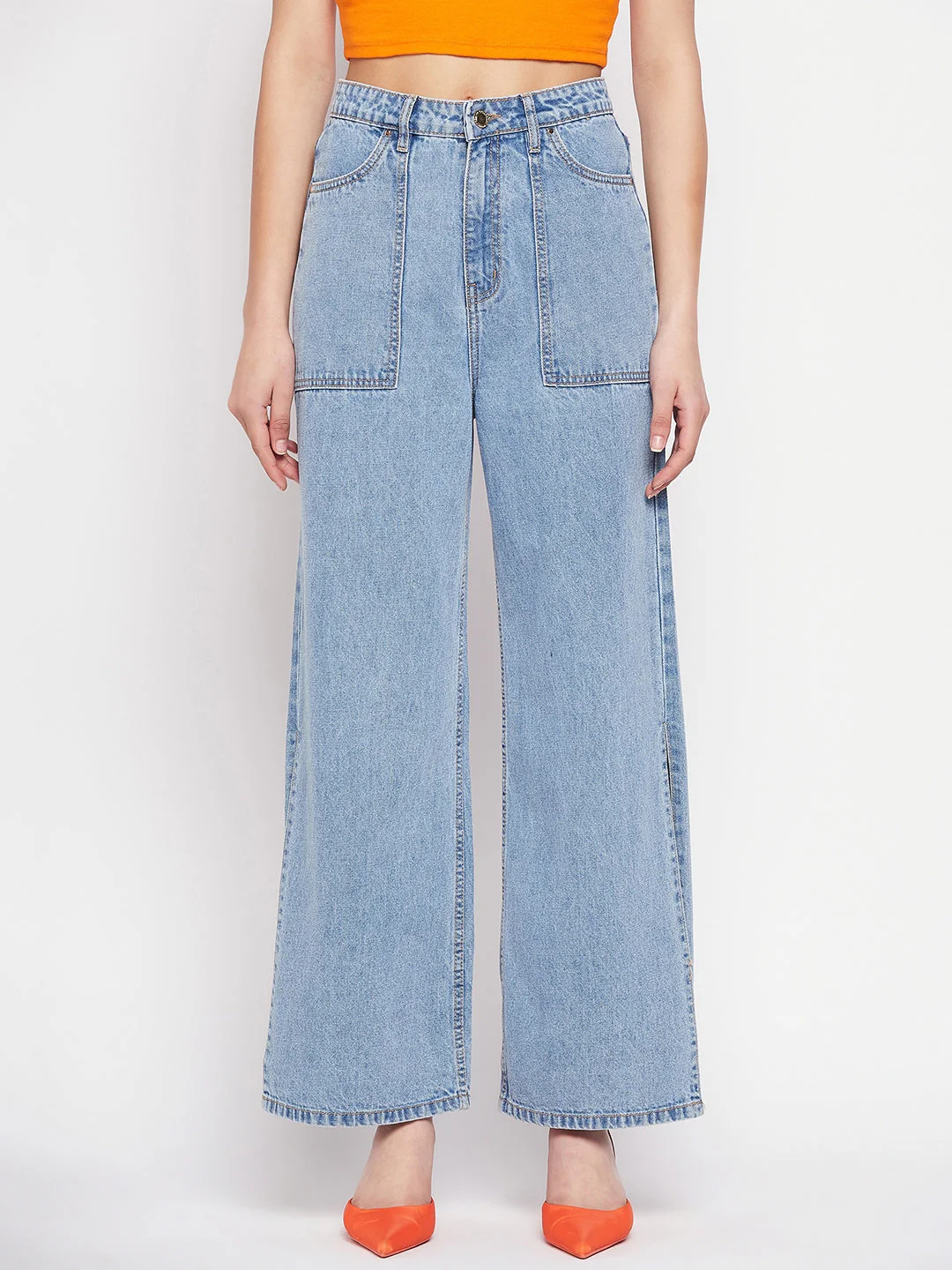 Madame Light Blue Slit Wide Leg Denim Jeans - Image 4
