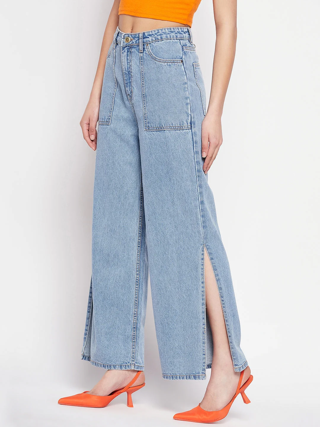 Madame Light Blue Slit Wide Leg Denim Jeans - Image 5