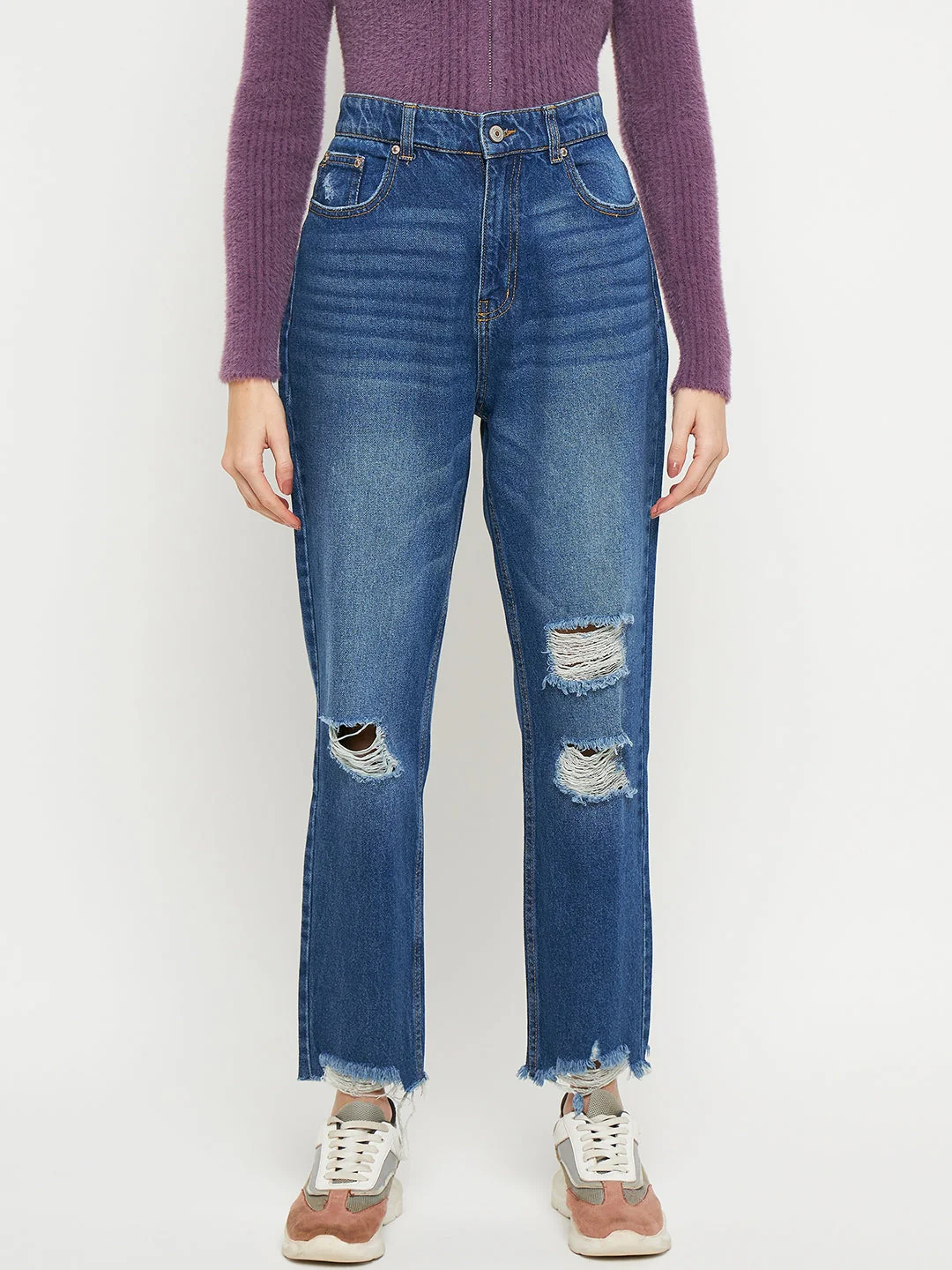 Madame Blue Straight Fit Distressed Jeans