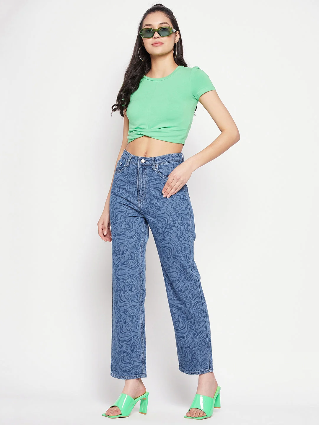 Madame Blue Printed Denim Jeans - Image 3