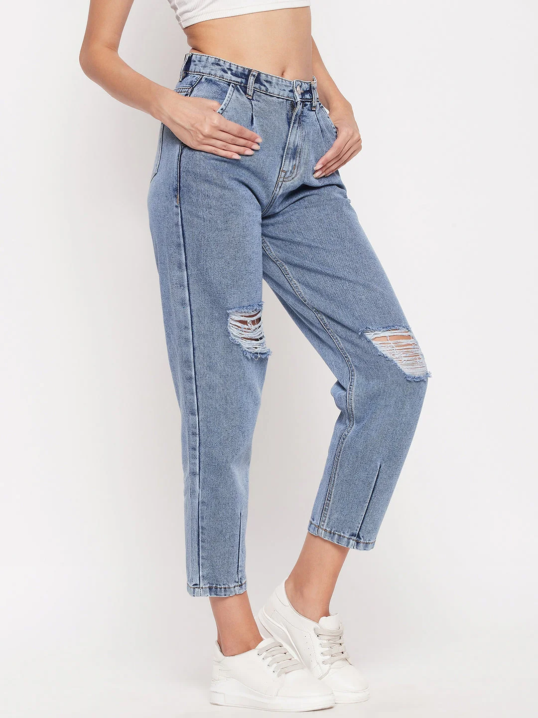 Madame High-Distressed Calf-Length Slim Light Blue Jeans - Image 5