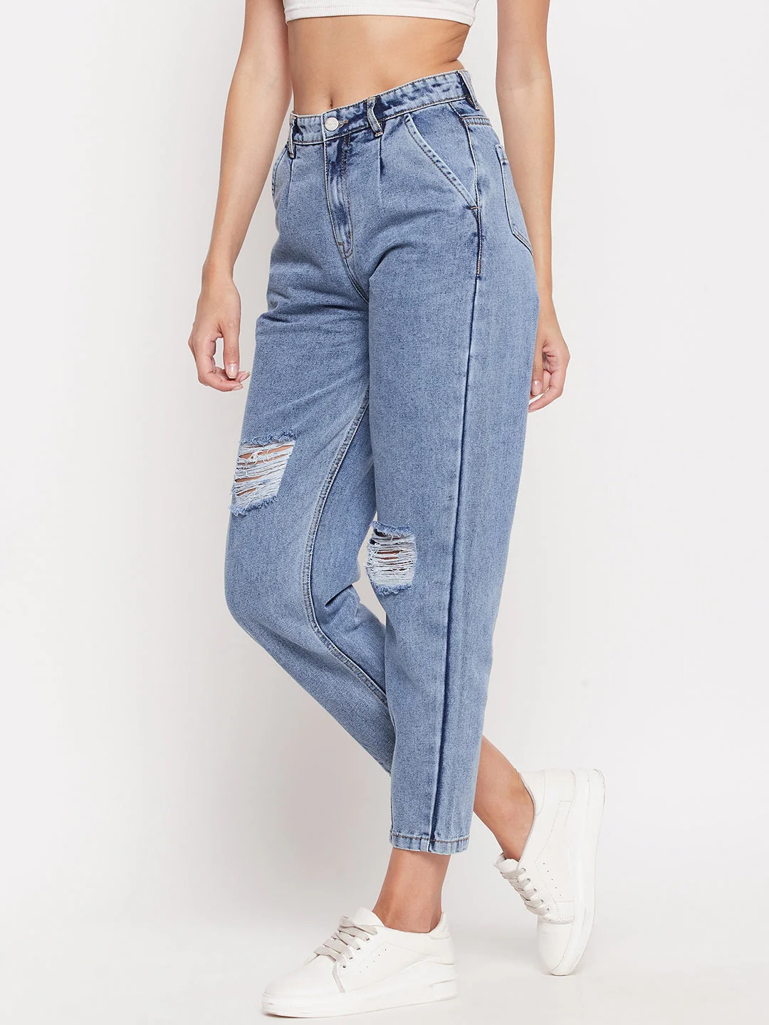 Madame High-Distressed Calf-Length Slim Light Blue Jeans - Image 6