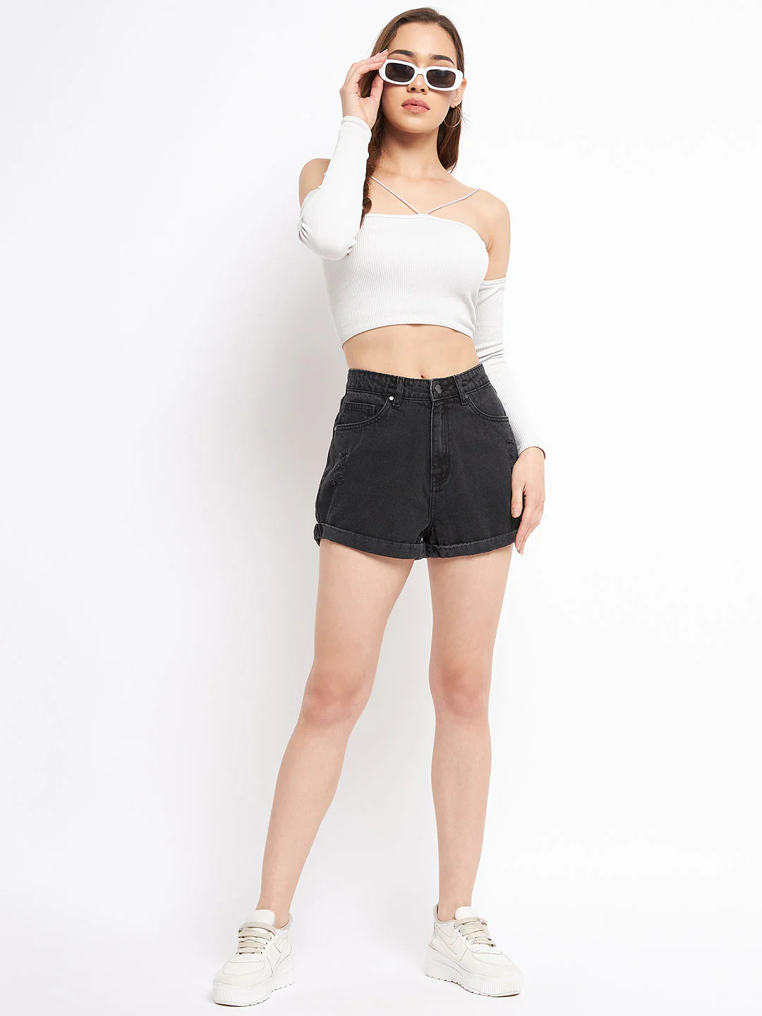 Madame Folded Hem Black Denim Shorts - Image 2