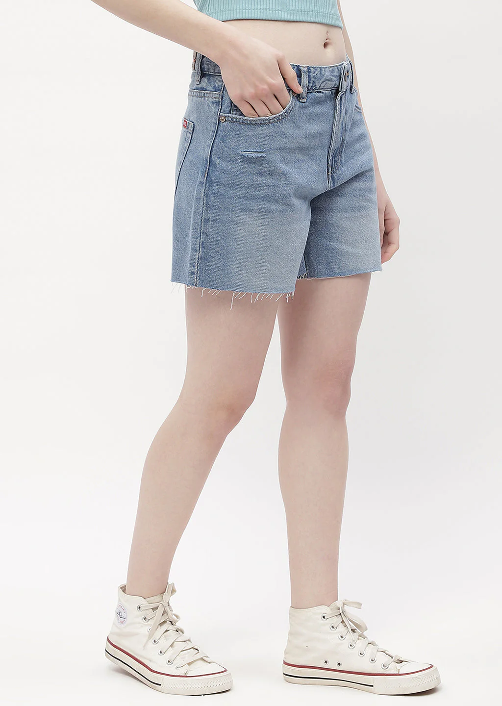 Madame Low Rise Blue Distressed Hem Shorts - Image 5