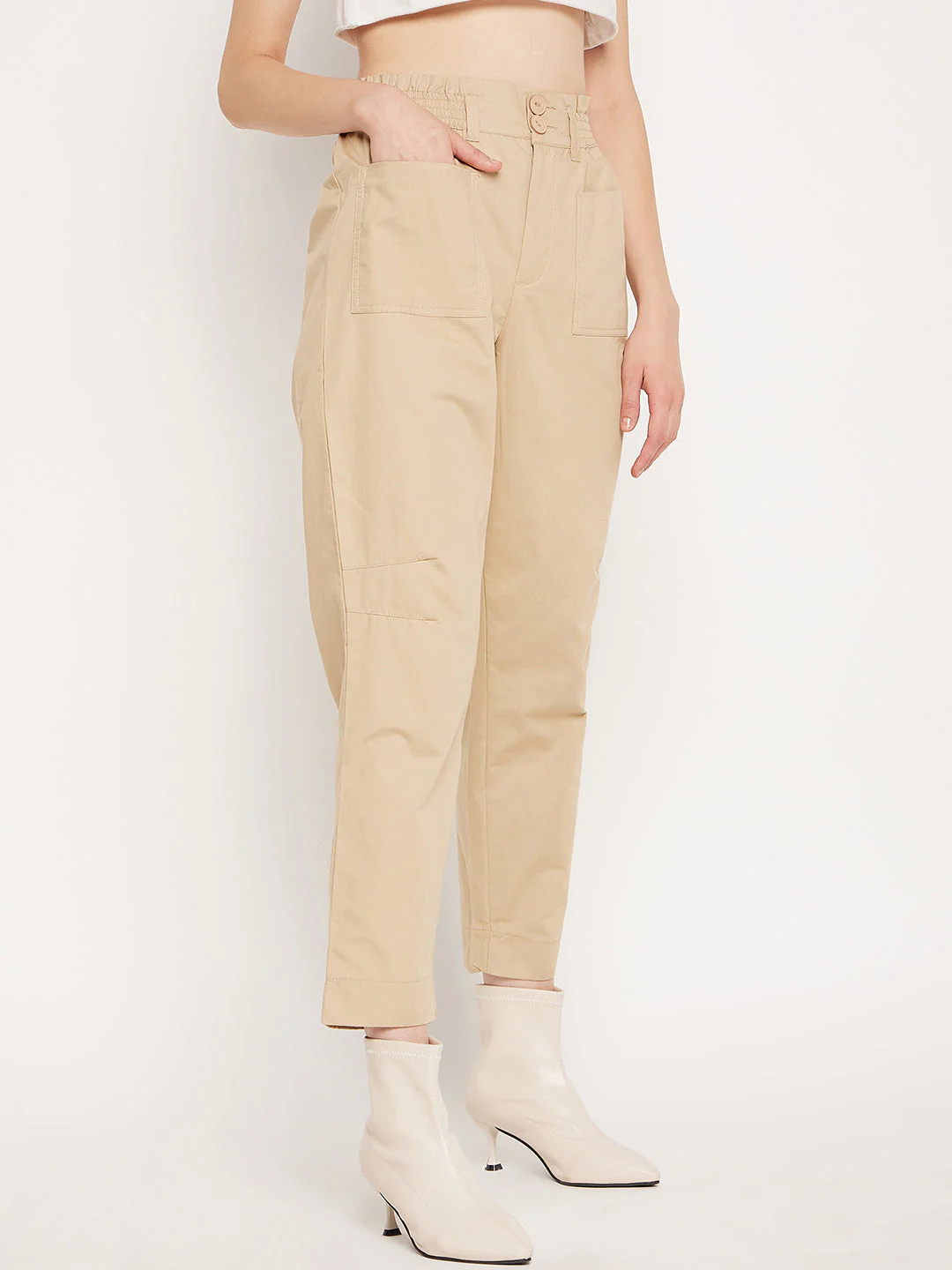 Madame Beige Ankle Length Cotton Trousers - Image 4
