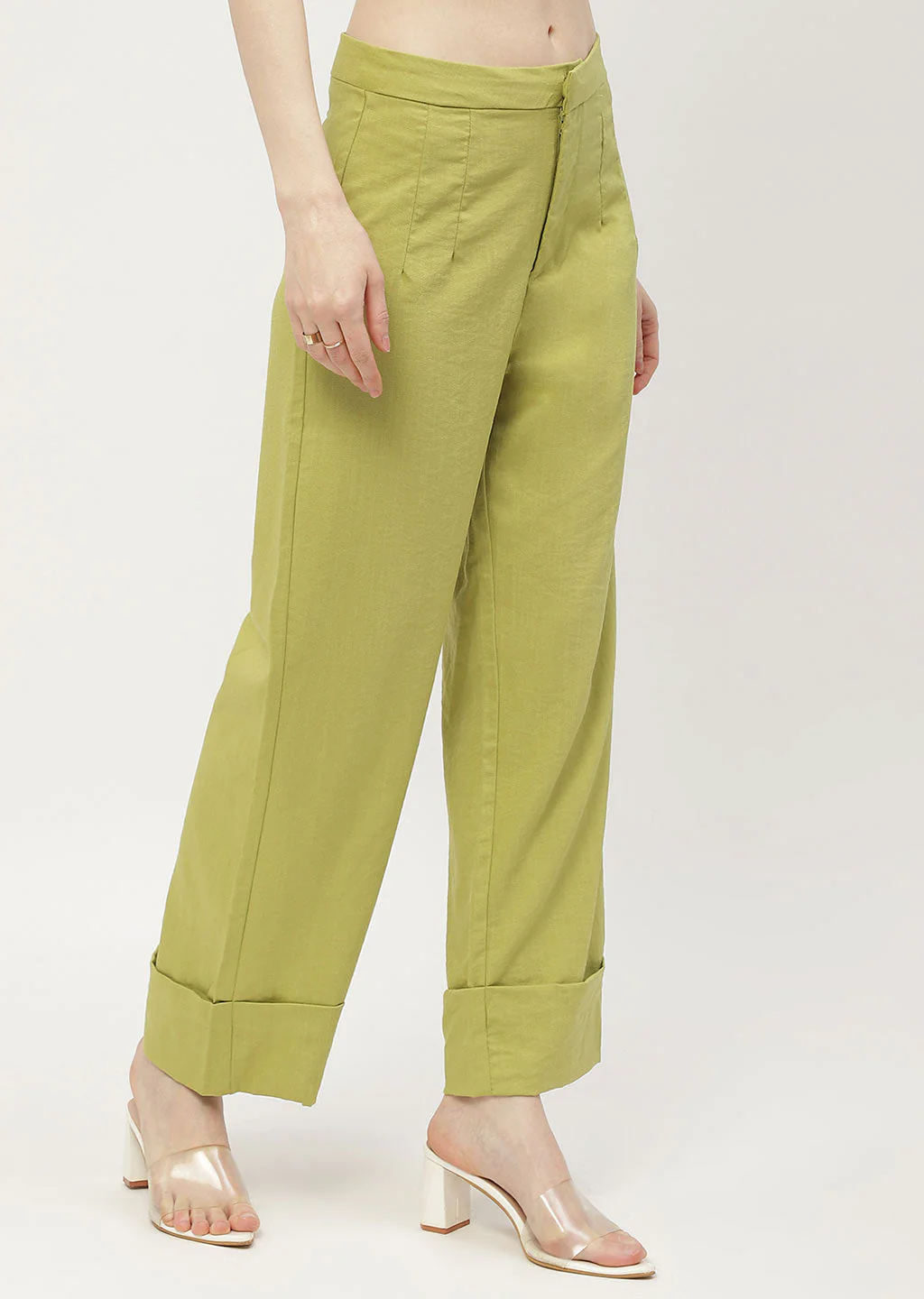 Madame Solid Apple Green Folded Hem Trouser - Image 3