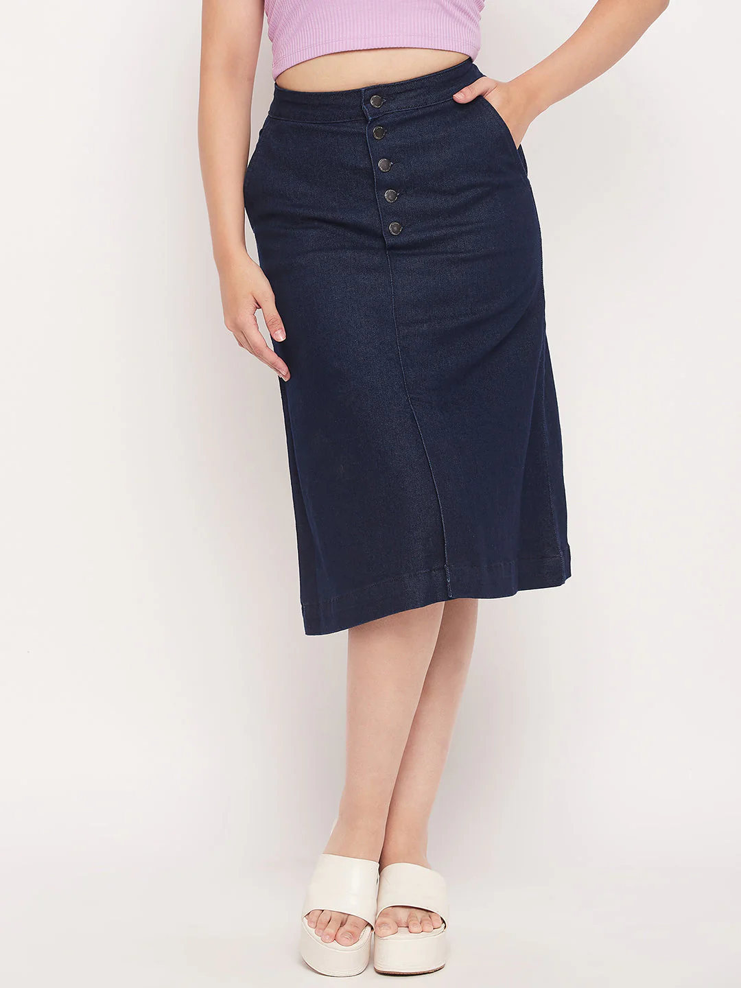 Madame Navy Front Slit A-Line Denim Skirt - Image 2